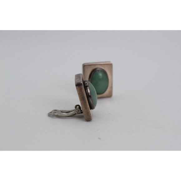 Taxco Sterling Silver Earrings, Green Stone Cabochons, Modernish Square, Clip On - Picture 3 of 11